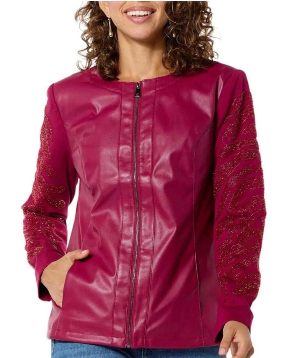 NWT Colleen Lopez Beaded Mesh Sleeve Faux Leather Moto Jacket XS